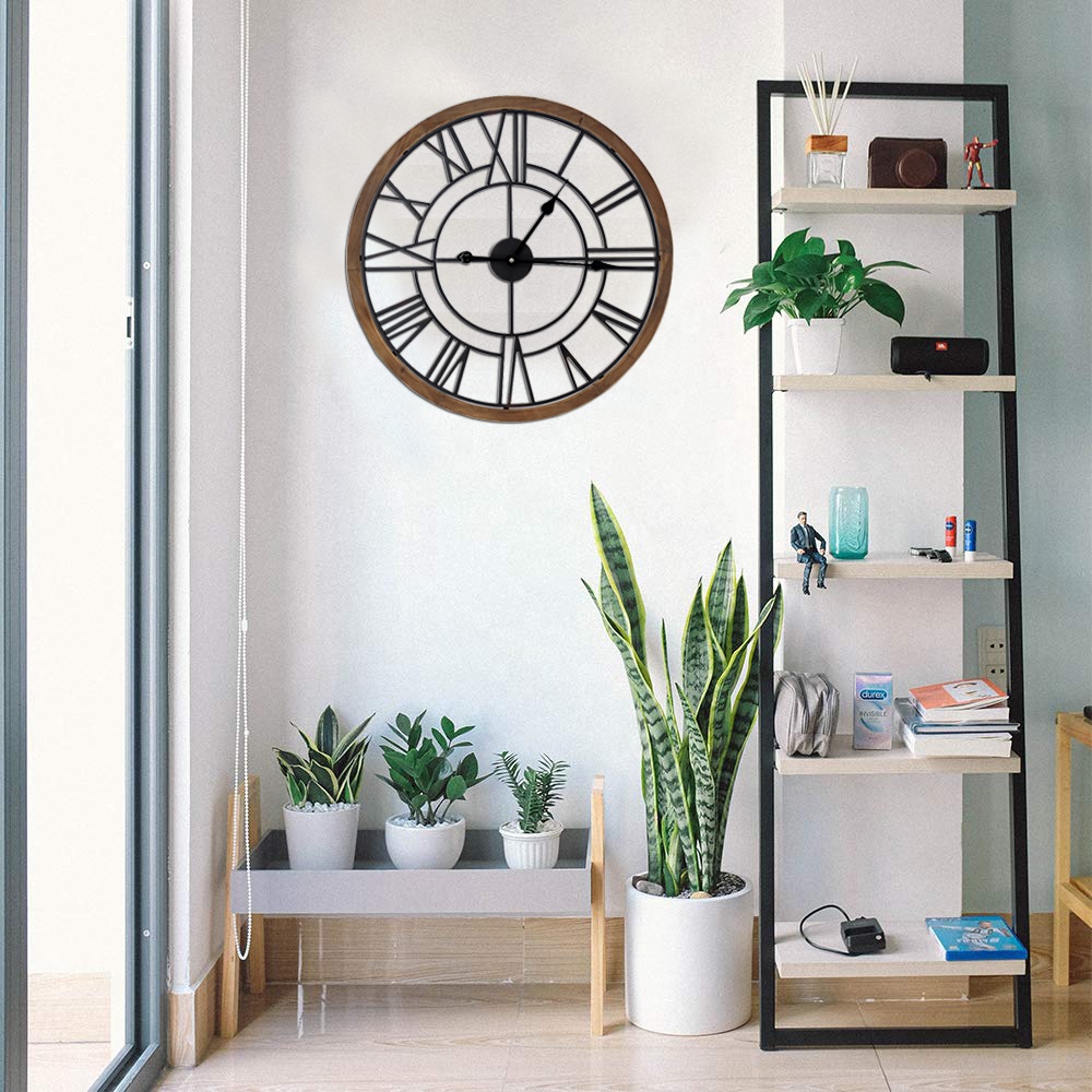 빈티지 나무 프레임 금속 벽 시계