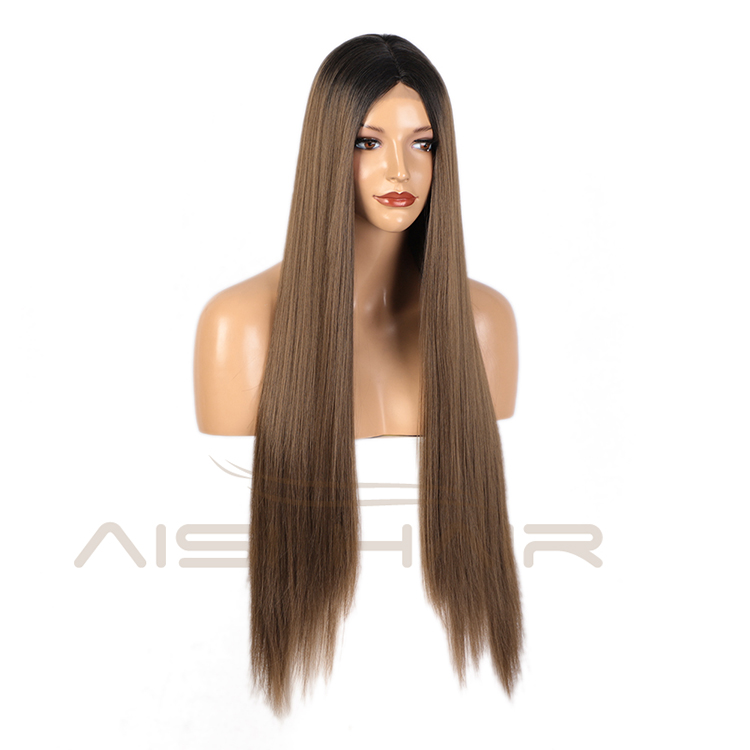 Aisi Hair 30 Inch Long Silky Straight Ombre Brown Dark Root Swiss Lace Wig Cheap Synthetic Hair Lace Front Wigs For Black Women