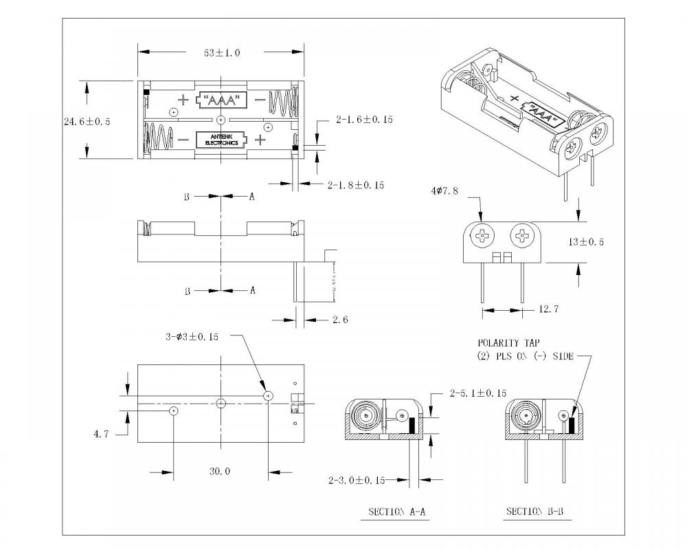 BBA-7-2-B-P-468 DUAL AAA BATTERY HOLDER DIP TYPE