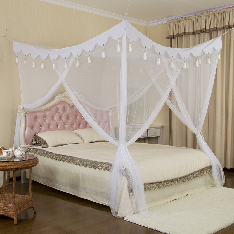 White Hanging Rectangle Tassel Mosquito Net Bed Canopy