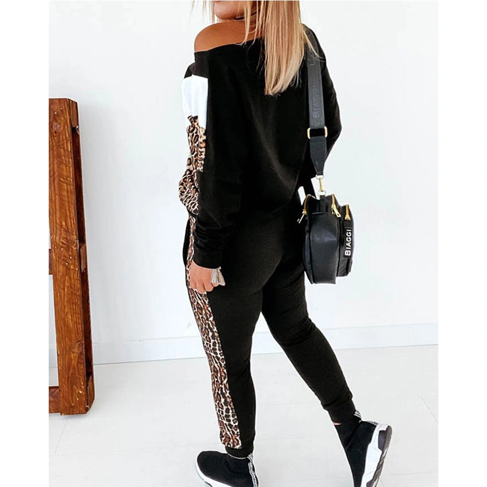 2021 New Arrival Womens Spring Casual Loose Leopard Print Outfit Stitching 2 Piece Pants Sets