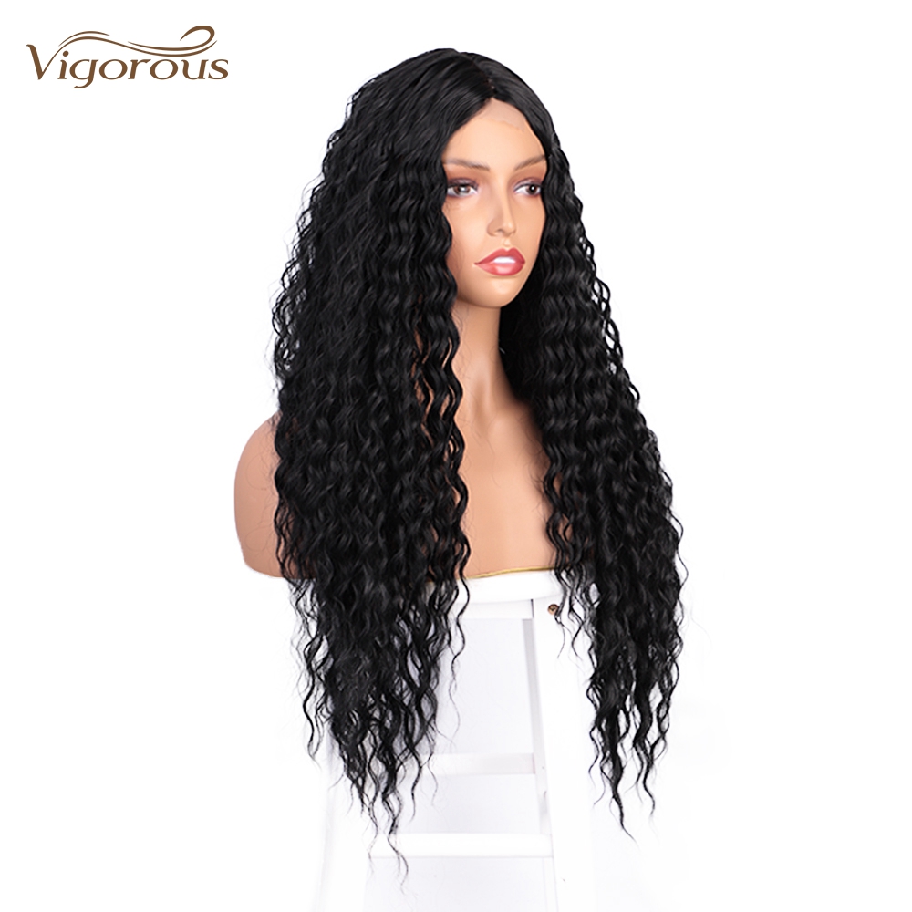 Vigorous Cheap Price Long Jerry Curl Black Heat Resistant Fiber Middle Part Natural Hairline For Black Women Synthetic Hair Wigs