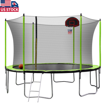 Outdoor green Trampoline 12ft with Basketball Hoop