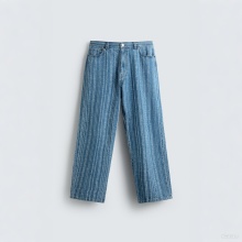 Men Rigid Jeans Vintage Textured Stripped Denim Pants