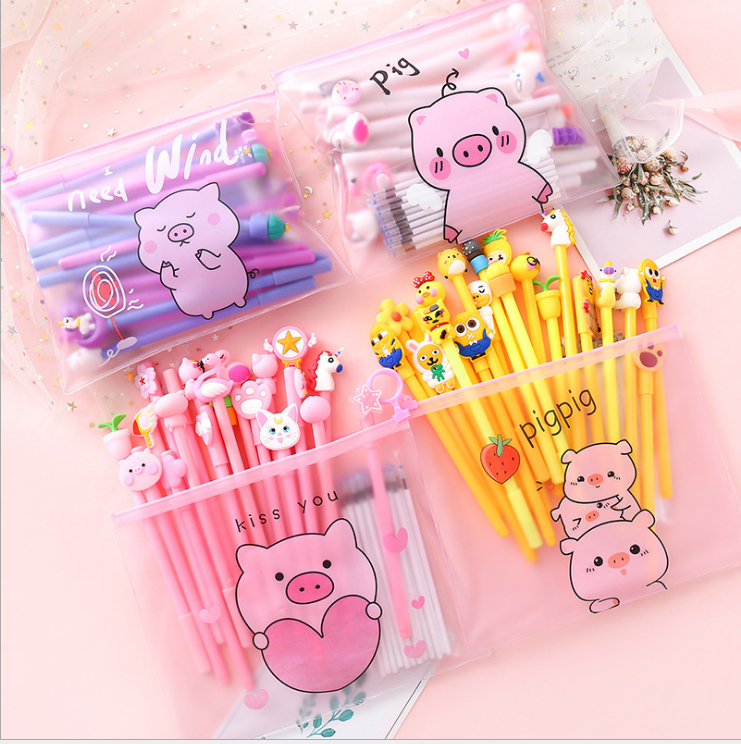 Korean Cute Cartoon Heart Customized Student Stationery Set Promotional Plastic Ball Pen Novelty Body Personalized Logo Pen Bag