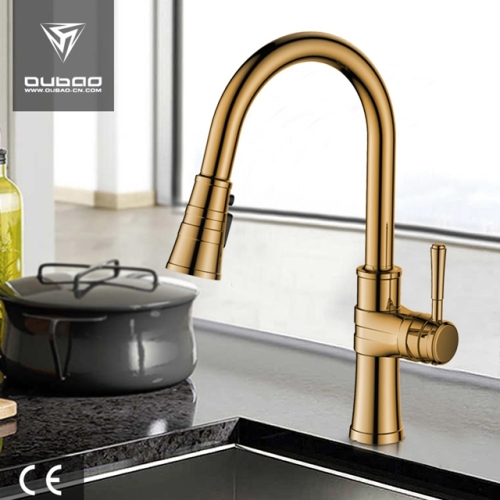 Berlapis Emas Mewah Pulldown Sprayer Kitchen Sink Faucet