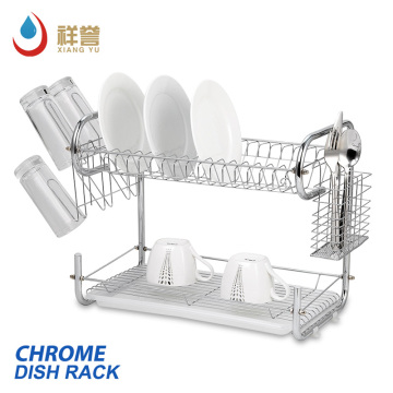 Kitchen Rust Proof Chrome Plating 2 Tier Dish Drying Rack With Drainboard And Cutlery Cup Utensil Organizer Holder