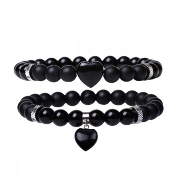 Gemstone Round Beads With Heart Charm Bracelets Black Matte Onyx Stone Stretch Bracelet Natural Stone Crystal Bangle 2PC