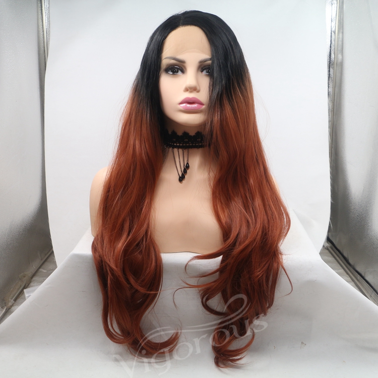 Vigorous red ombre long straight premium high quality wholesale black women synthetic hair wigs with lace front