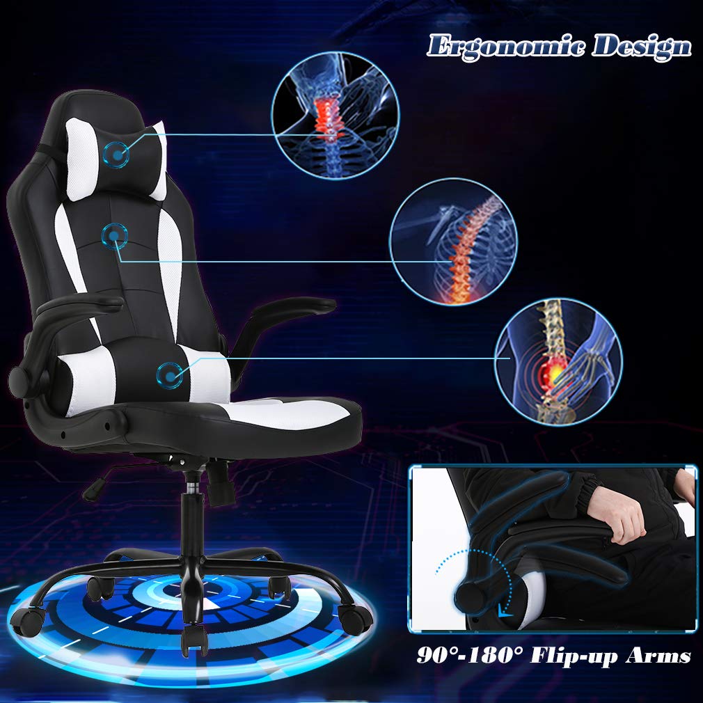 White PC Gaming Chair Massage Function Office Chair High-level Seating Comfort Chair with Adjustable Headrest