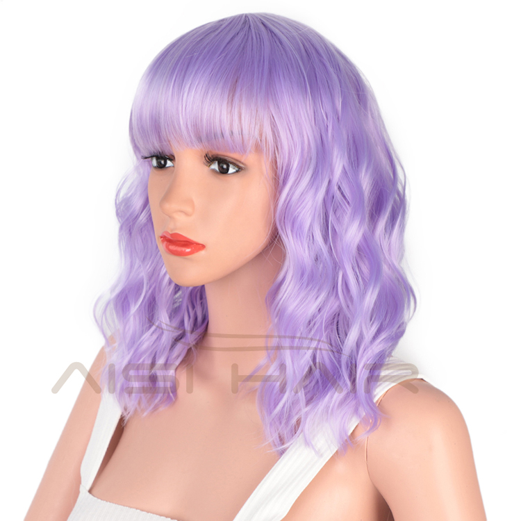 Aisi Hair Wholesale Top Quality Purple Short Bob Wig With Neat Bangs Synthetic Cosplay Short Curly Wave Wigs For Black Women