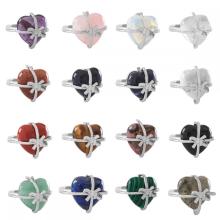 Gemstone Crystal Heart Ring Natural Stone Heart Bowknot Wedding Ring for Women Silver Plated Copper Adjustable Rings