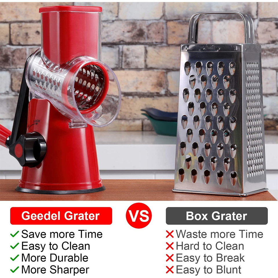 Cheese Grater, Kitchen Mandoline Vegetable Slicer with 3 Interchangeable Blades, Easy to Clean Rotary Grater Slicer for Fruit