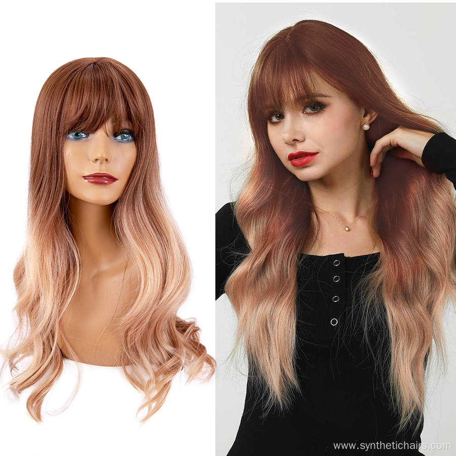 Brown Ash Long Wavy Synthetic Wig With Bangs
