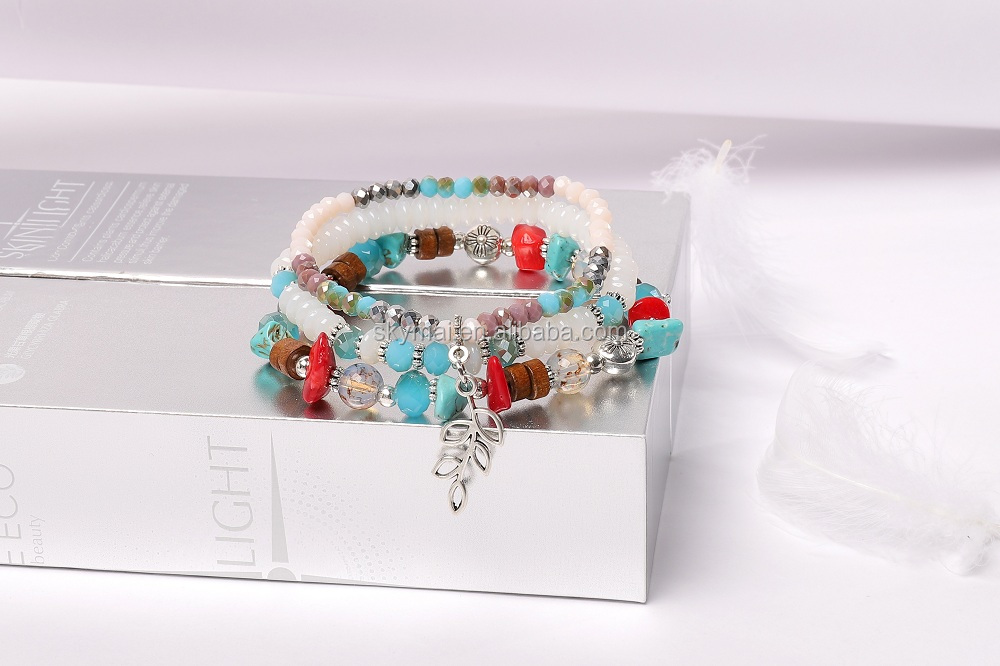 Bohemian multilayer bracelet set turquoise stone leaf pendant bracelet set for ladies