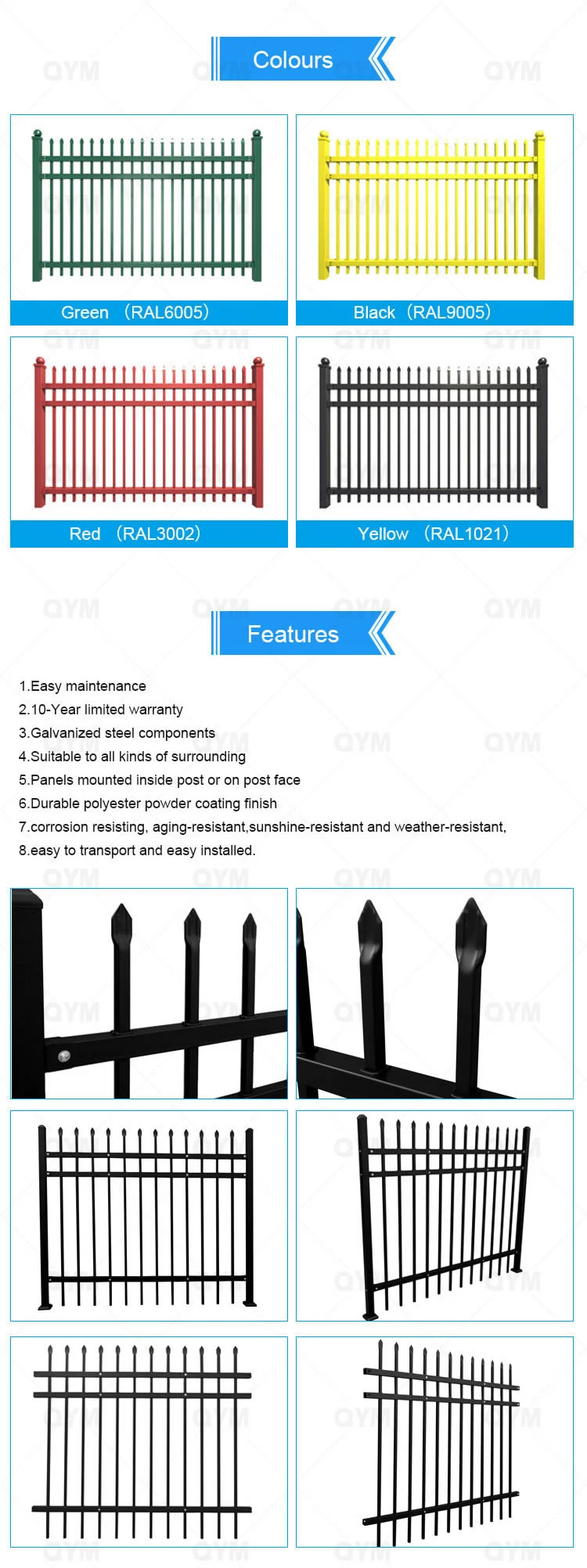 Wrought Iron Fence Metal Picket Fencing Panels for Sale
