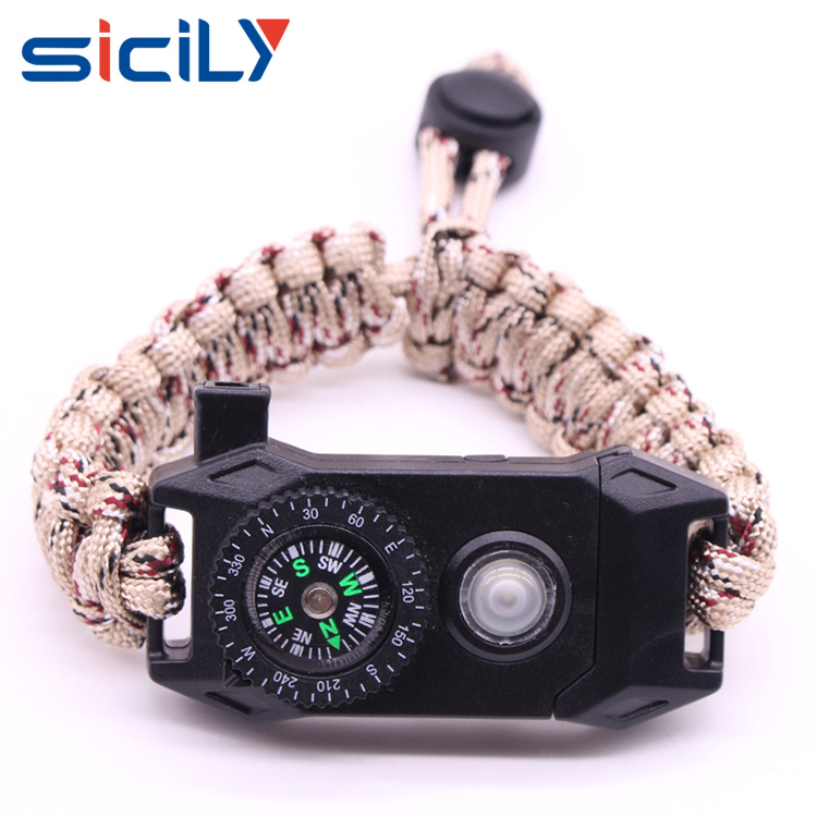 Wholesale woven paracord survival bracelet with fire starter buckle led