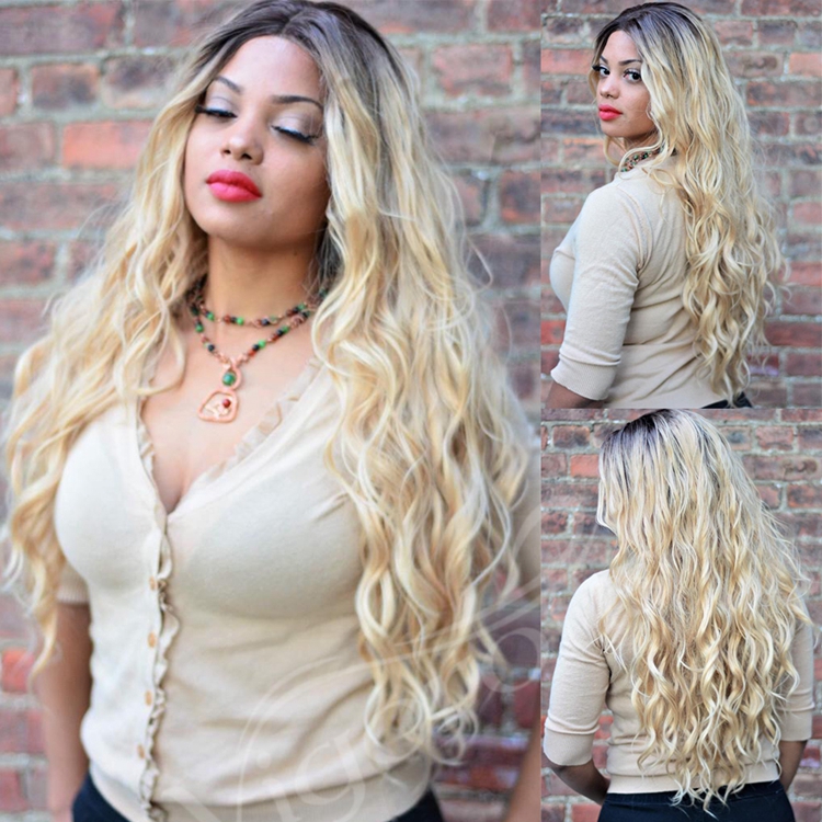 Vigorous Ombre Blonde Lace Front 26 Inch Long Wavy Blonde for Women Curly Blonde Hair Full Wig Synthetic