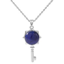 Lapis Lazuli Round Cabs Silver Alloy Key Pendant Necklace Choker Jewelry