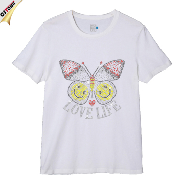 Love Life Butterfly & Smile Face Rhinestone Heat Transfer T-Shirt for Man