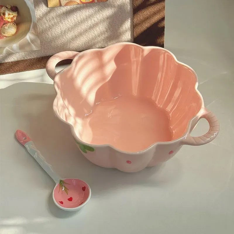 Cute Ceramic Double Ears Strawberry Petal Bowl