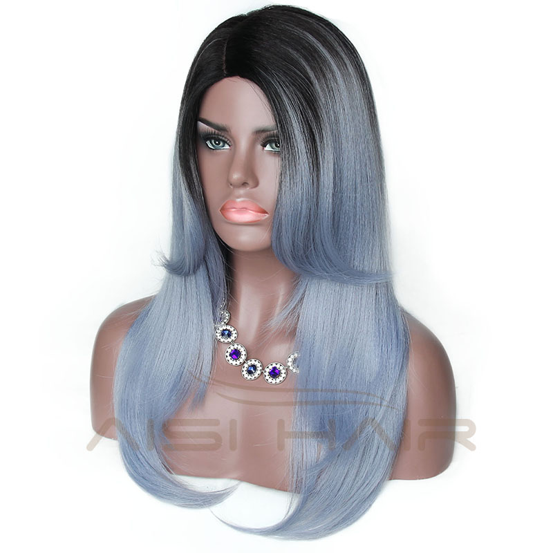 Japanese Synthetic Hair Wig Part Side Ombre Grey Wig For African American Women Heat Resistant Fiber