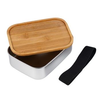 Wooden Lid Rectangular Layer Metal Bento Box