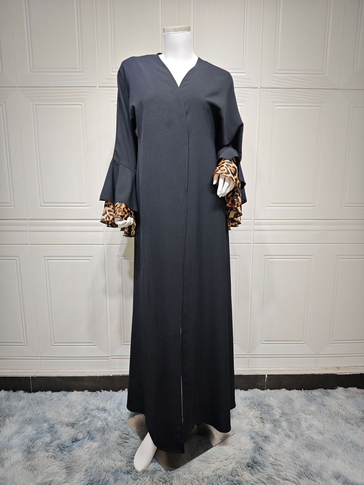 Leopard Ruffle Sleeve Furan Kimono Abaya Black Abaya with Leopard Cuffs and Ruffle Sleeves