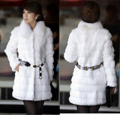 FA White lady fashion rabbit fur coat with fox fur collar