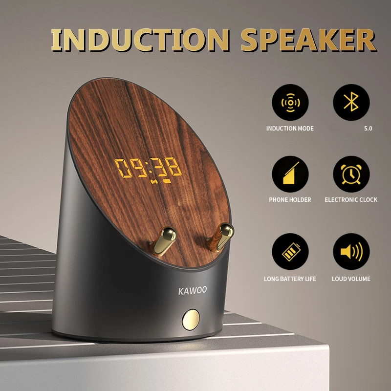 Wooden Speaker Wireless Alarm Clock Speaker Smart Sensor Phone Holder Portable Large-capacity Lithium Battery Desktop Audio