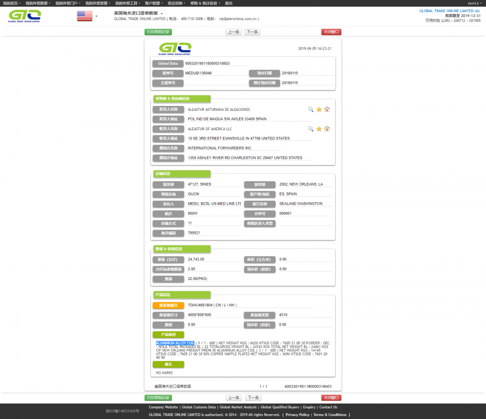 DATOS ADUANEROS DE ALLOY COIL USA