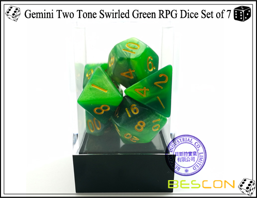 Juego Gemini de dos tonos rodado verde RPG de 7-3 Gemini Two Tone Swirled Green RPG Dice Set of 7-3