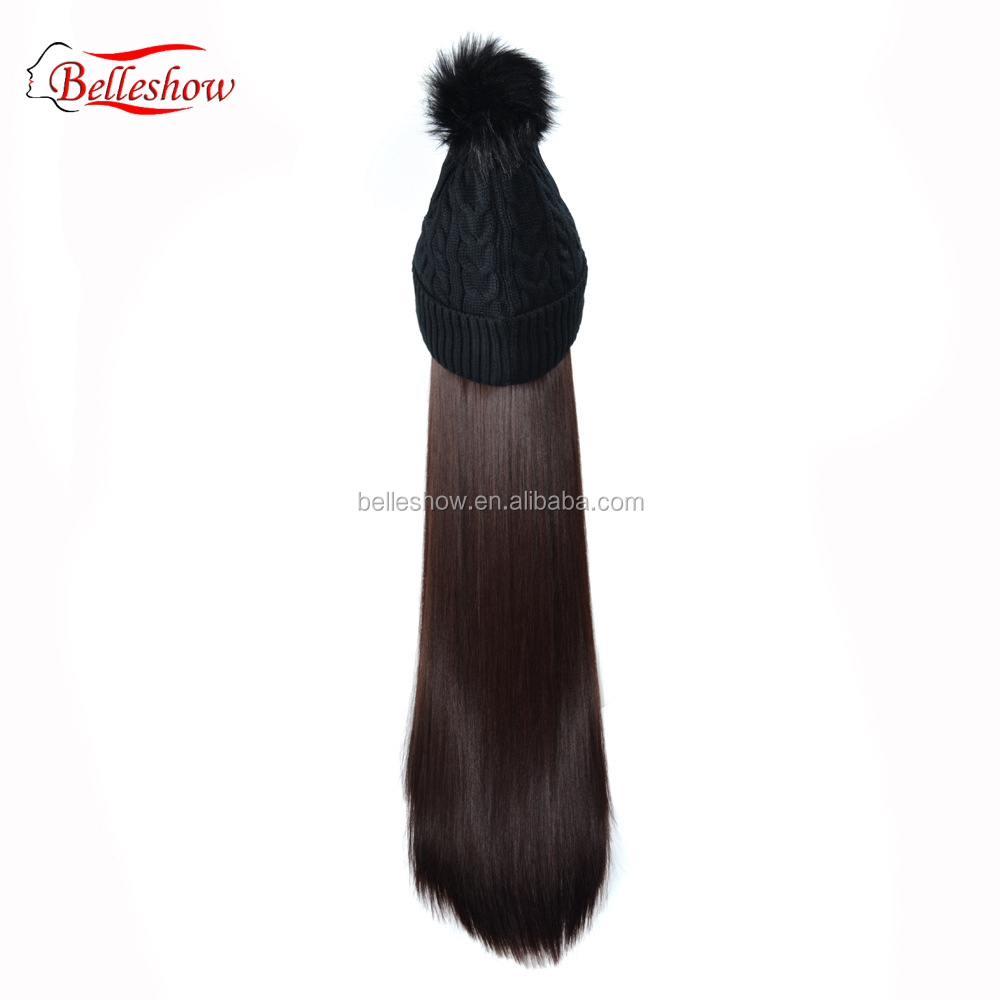 Hot sell long straight wig head Warm wool hat wig black woolen hat long straight hair Winter warm cap hair long straight hair