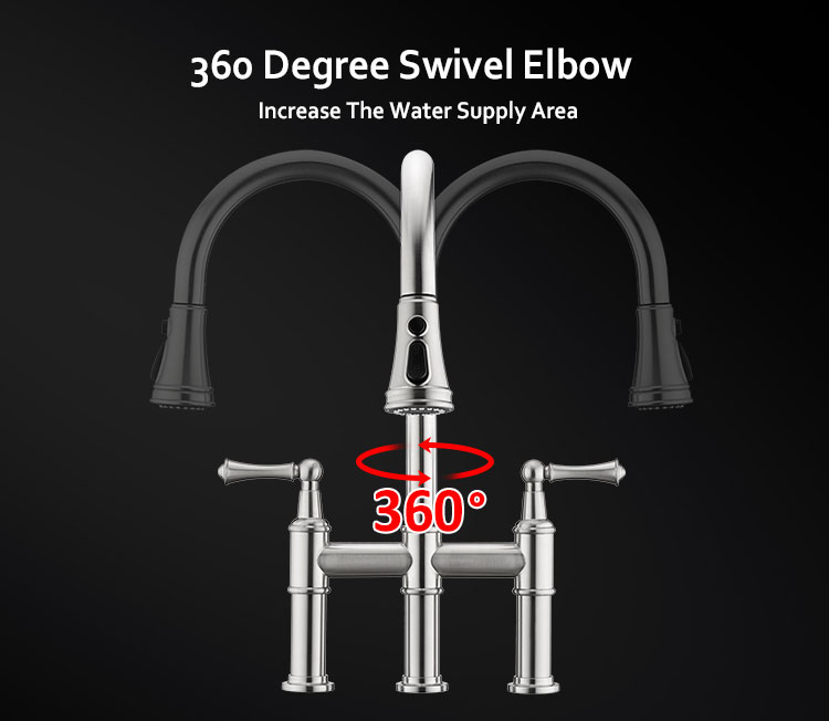 Custom Deck mounted Nickel Brushed Brass Touch Bridge Double Handle Two Lever Pull Down Kitchen Faucet with Sprayer