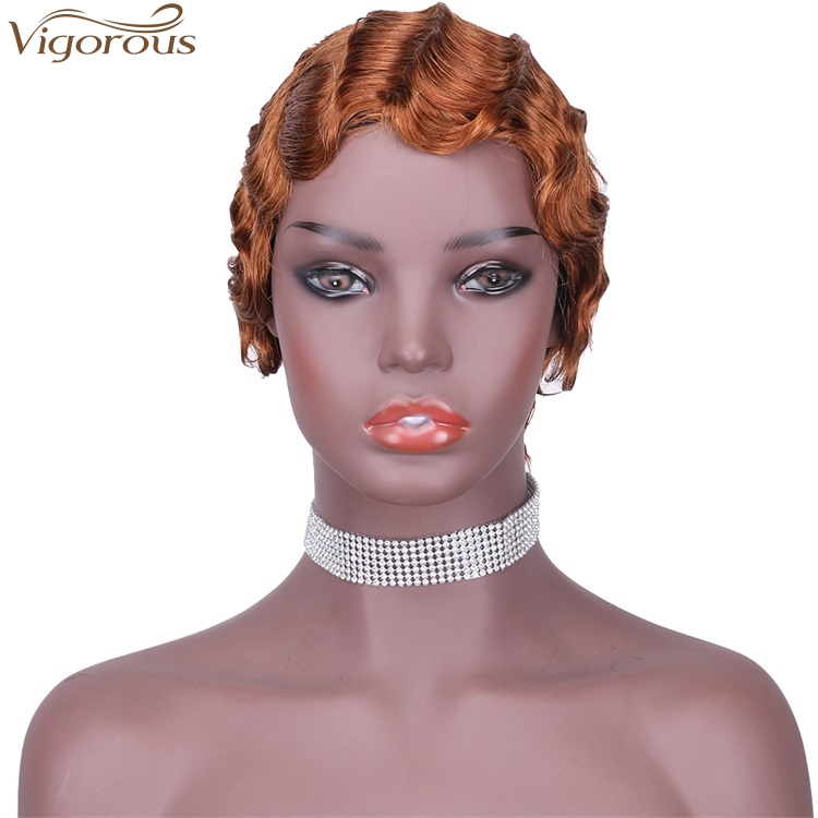 Vigorous Cheap 100% Real Human Hair Finger Wave Wig Pixie Cut Short Light Auburn Curly Wigs for African American Women