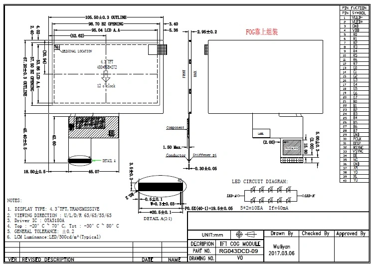 4.3inch 480*272 24bits RGB TFT LCD Display