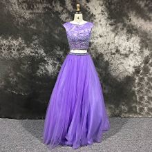 Two Piece Purple Appliqued Cap Sleeve Beaded Sash Chiffon Prom Dress