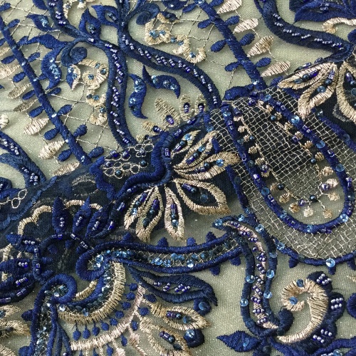 Marineblauwe handgemaakte kralen parel tule kant