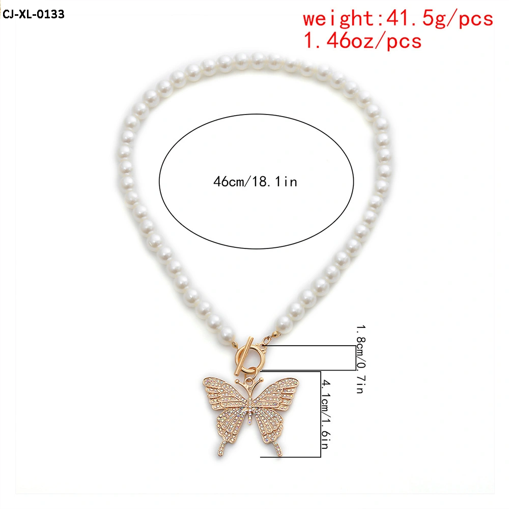 Popular Women Large Butterfly Necklace Alloy Imitation Pearl Necklace Wholesale