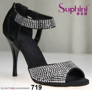 Rhinestone High Heel Dance Party Shoes , Black Tango Dance Shoes