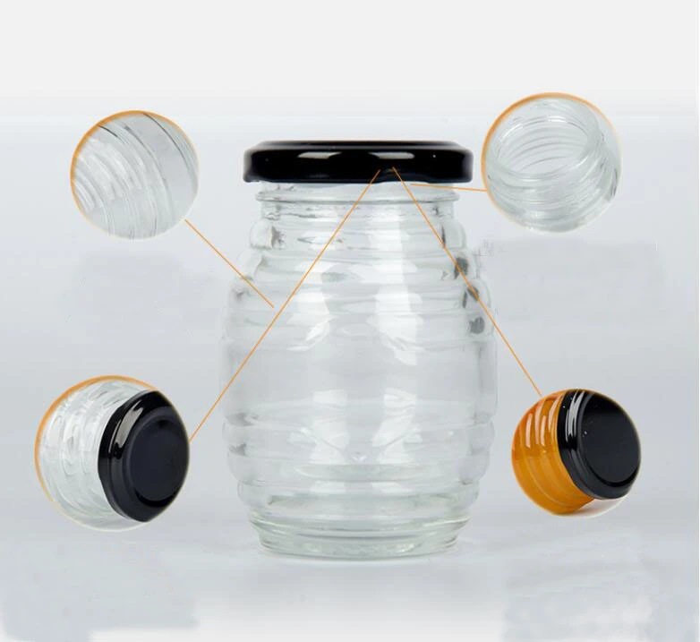 100ml-730ml Glass Round Shape Honey Jars with Honeycomb and Screw Thread Pattern, Glassware Metal Cap, Jam Jars, Glassware