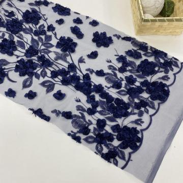 Navy 3D Chiffon Flowers Embroidery Fabric
