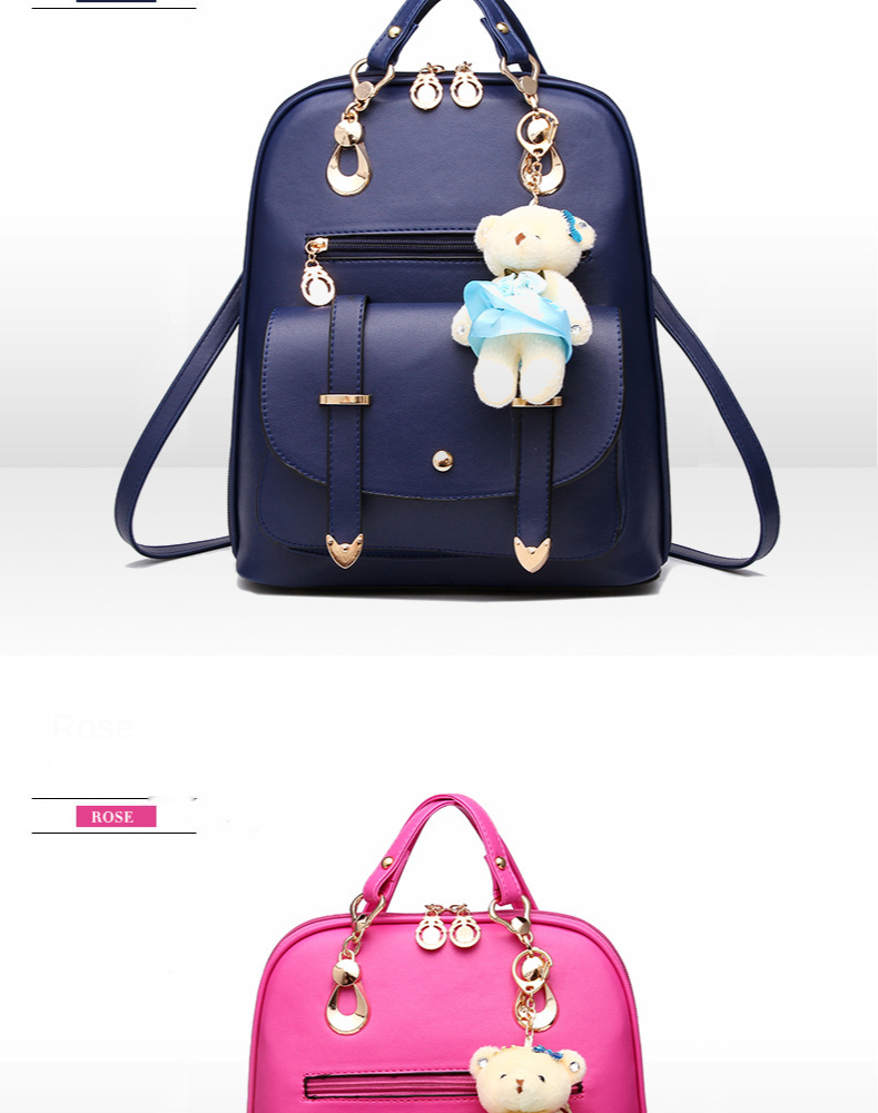 Fashion Backpack PU Leather Women Girls Bear Pendant Backpack Purse Shoulder Satchel Top-Handle Bags