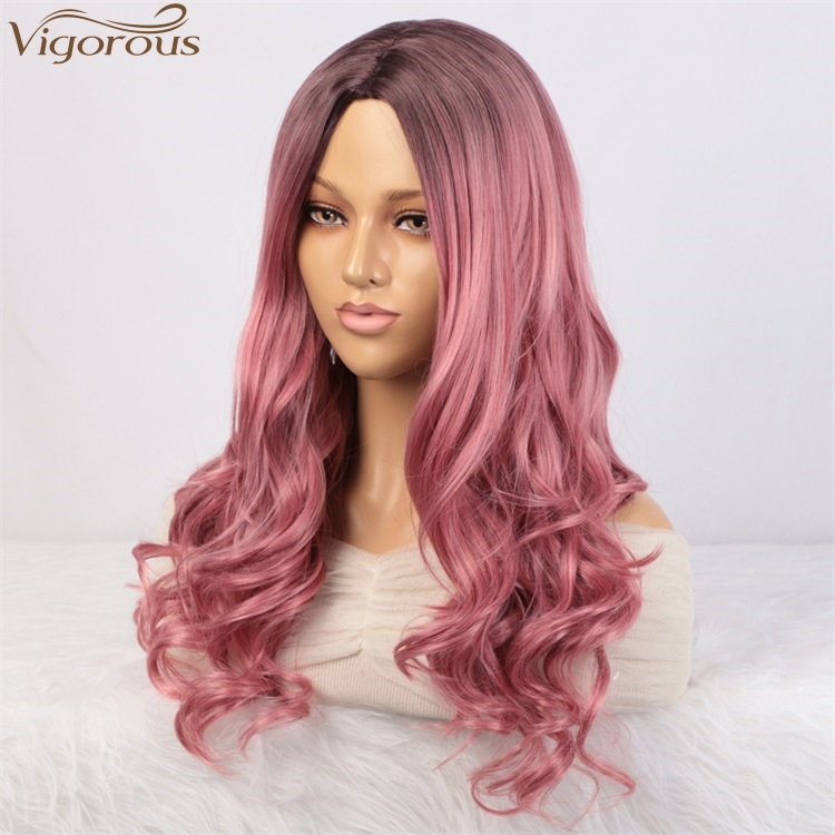 Vigorous Wholesale Price Long Natural Wave Cosplay Wig for Women Synthetic Ombre Pink Middle Part Wigs Heat Resistant