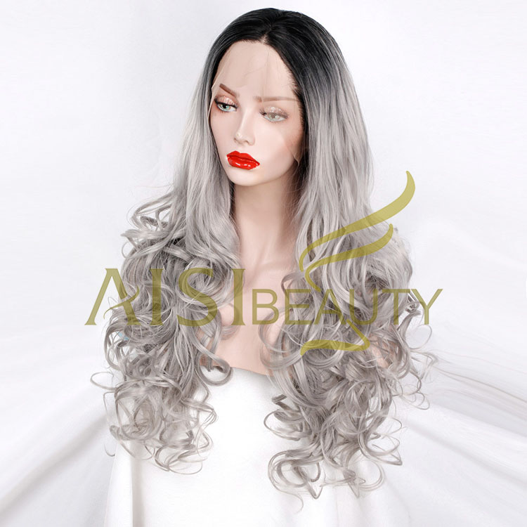 Aisi Beauty Wholesale Vendor Ombre Gray Big Curly Wave Wig Long Wavy Swiss Lace Synthetic Hair For Black Women Lace Front Wig