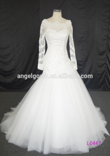 L0447 asymmetrical mermaid long sleeves lace with beading bridal gowns