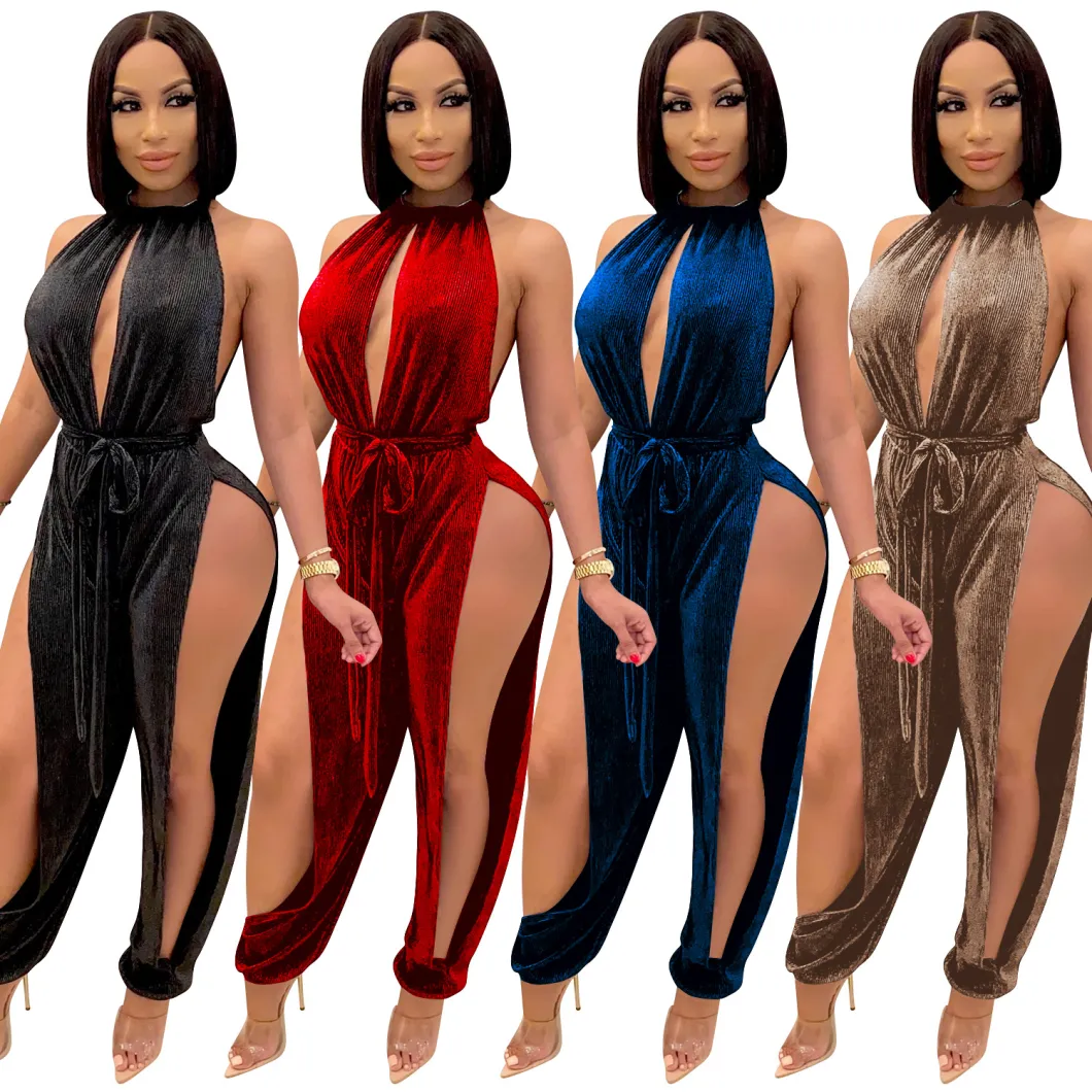 2021 Trending Stylish Cotton Blend Clubwear Sexy Hollow out High Split Haltered Jumpsuit