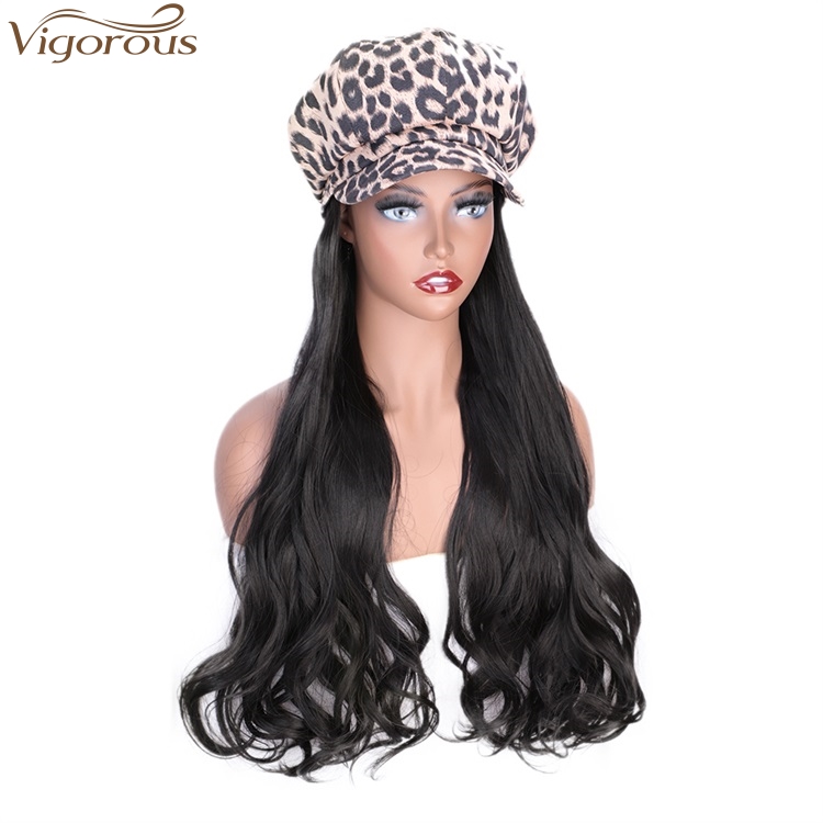 Vigorous Black Synthetic Fiber Wig With White Leopard Hat For Women Long Wavy Heat Resistant Glueless Hair Wigs