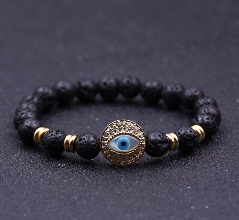 Pulsera de cuentas redondas de piedra de lava de mal de ojo de plata 8MM