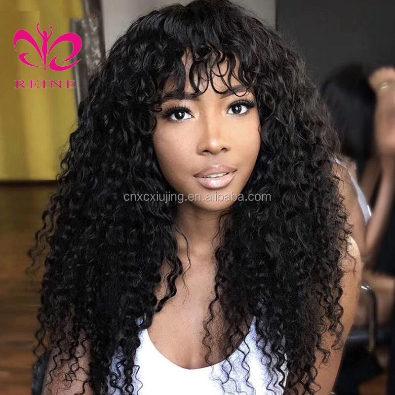 Curly Human Hair Wigs For Black Women Brazilian Remy Hair Fringe  Wig With Bangs Pre Plucked 8"-24"Inches Natural Black